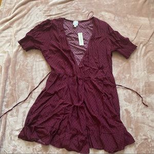 Red polka dot wrap mini dress
